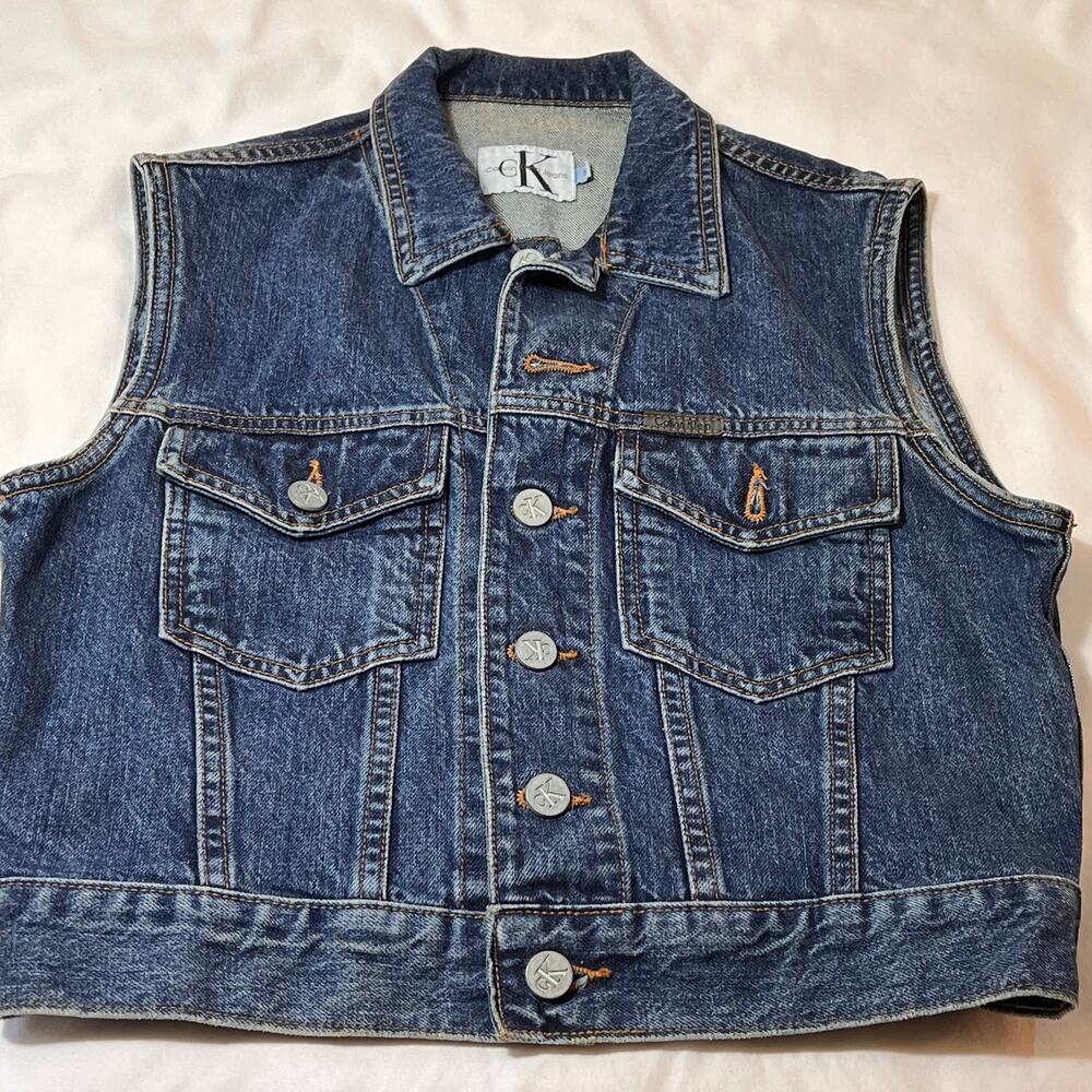 Calvin Klein Denim Vest Womens Small Button Up Cotton Pockets VINTAGE 90's Punk